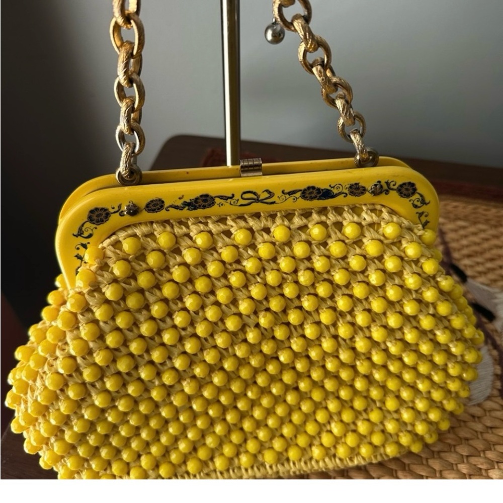 Vintage yellow beaded hand painted made in Italy purse